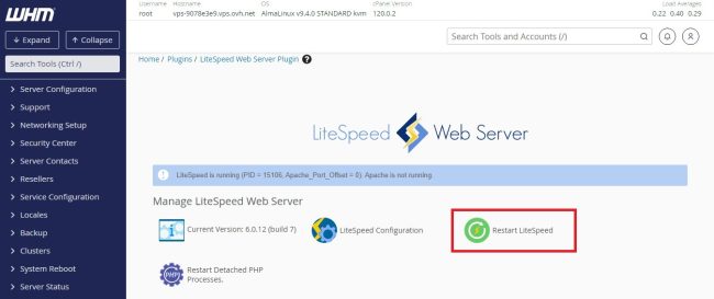 How to restart Litespeed web server via console