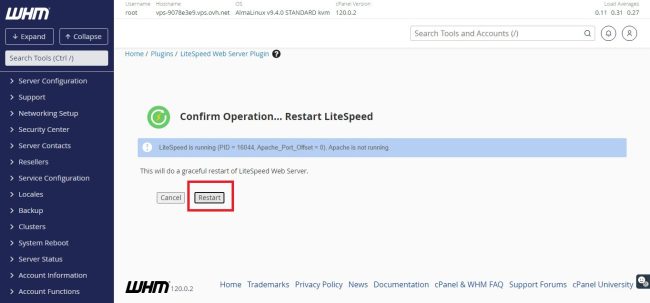 How to restart Litespeed web server via console